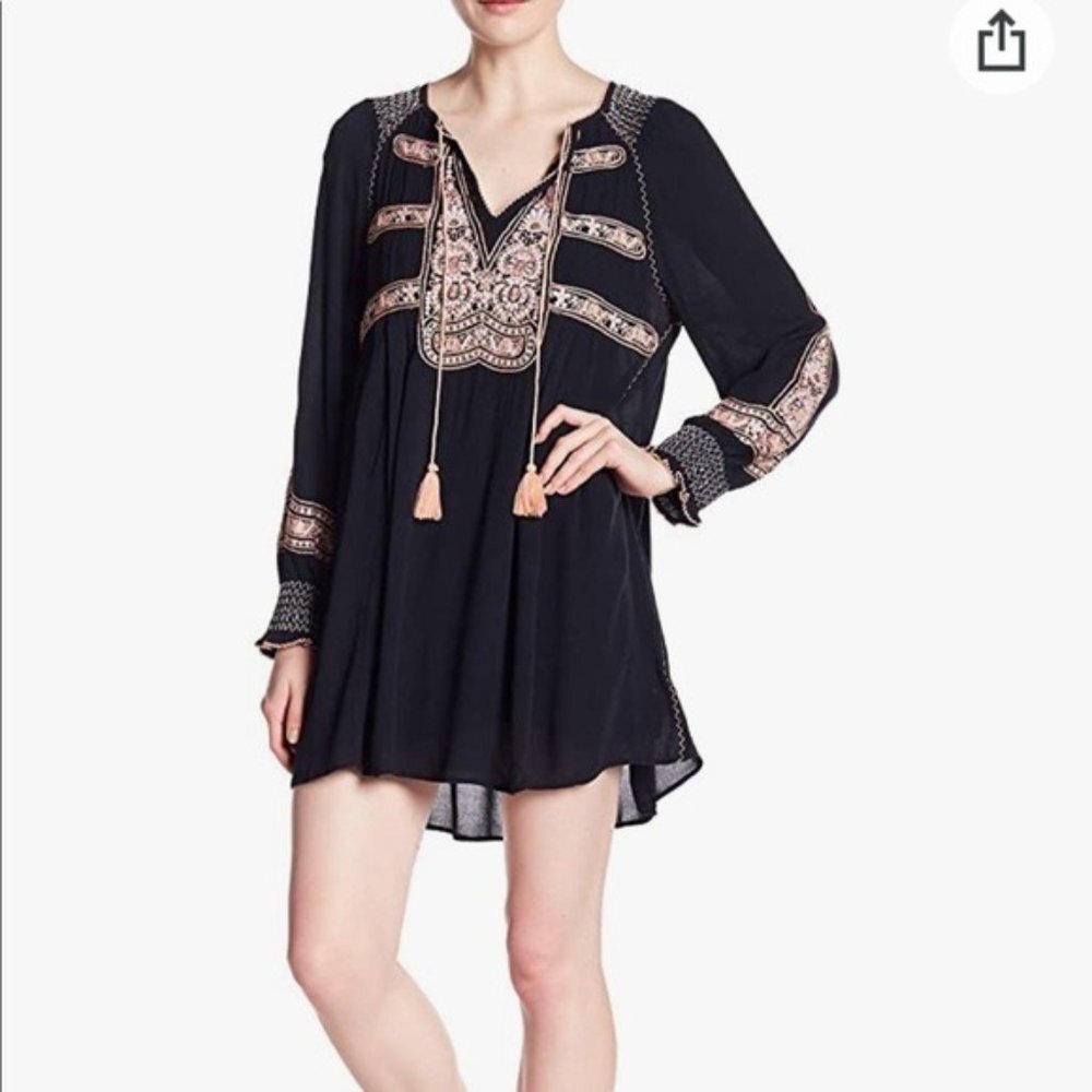 Free People Wind Willow Embroidered V-Neck Tassle Mini Dress Boho​